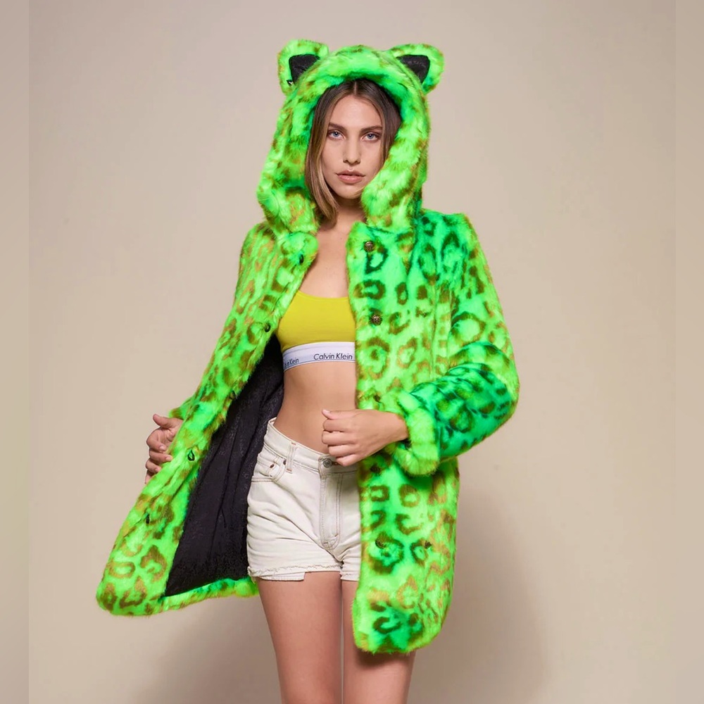 Spirithoods Neon Green Leopard Faux Fur Coat